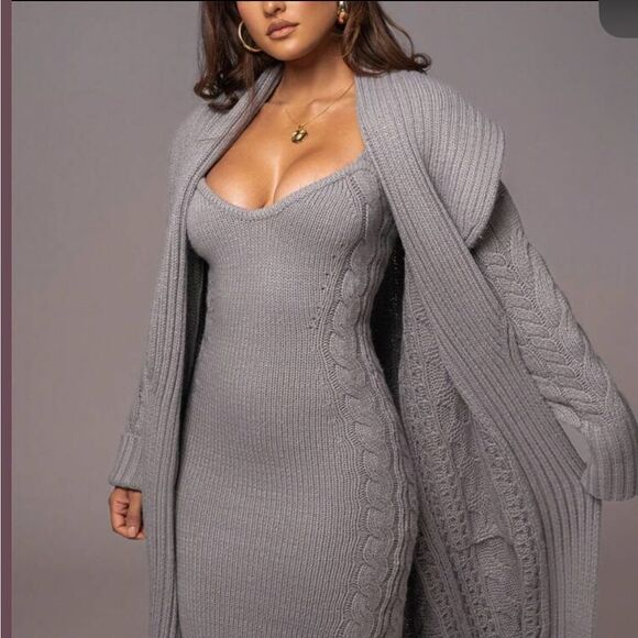 Knitted Bodycon Dress & Fuzzy Cardigan